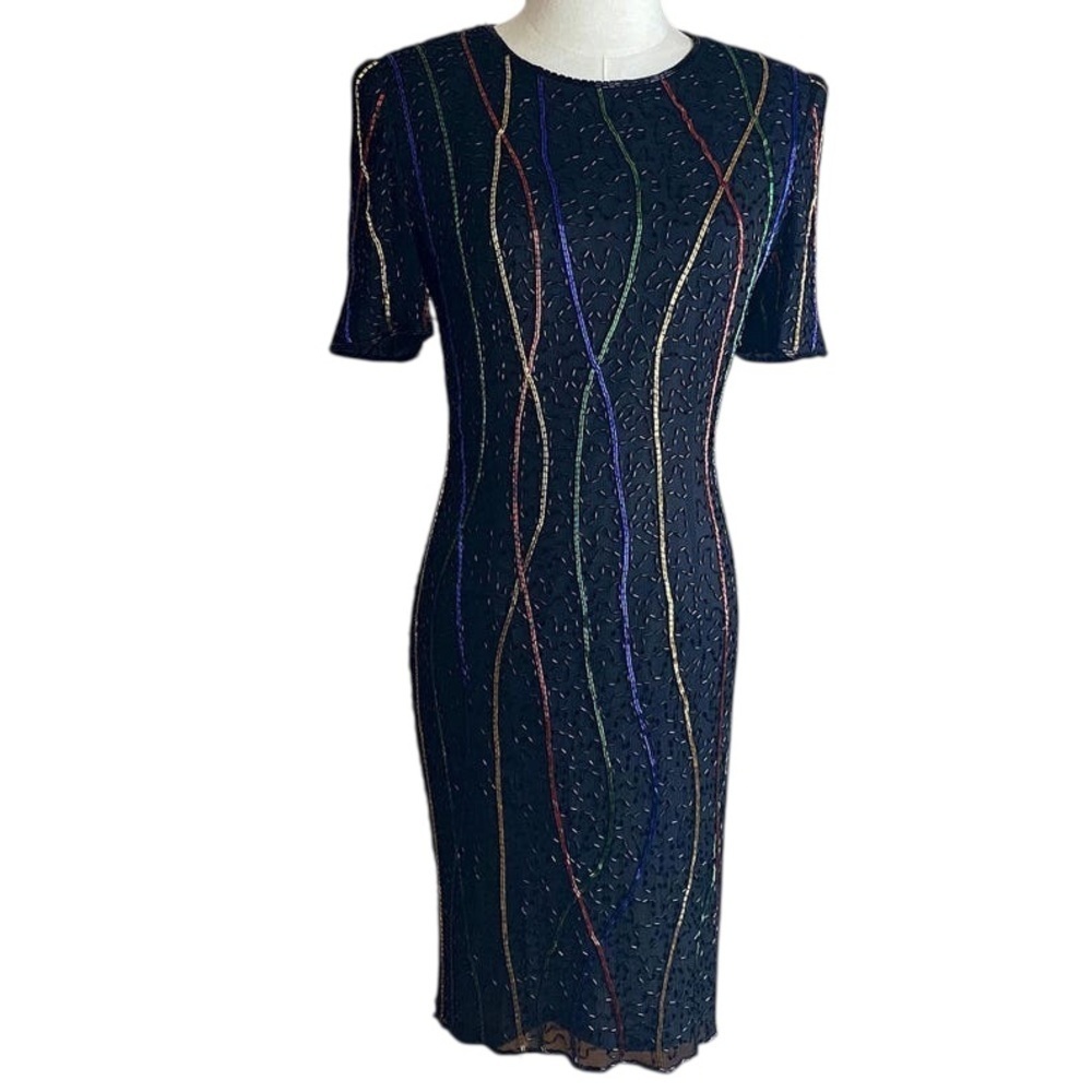 Vintage 80s 100% Silk Hand Beaded Cocktail Dress Short Sleeve Rainbow